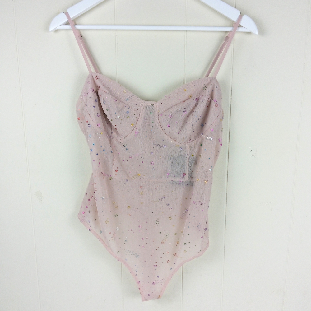 Le Lis Sheer Pink Star Mesh Bodysuit Size L